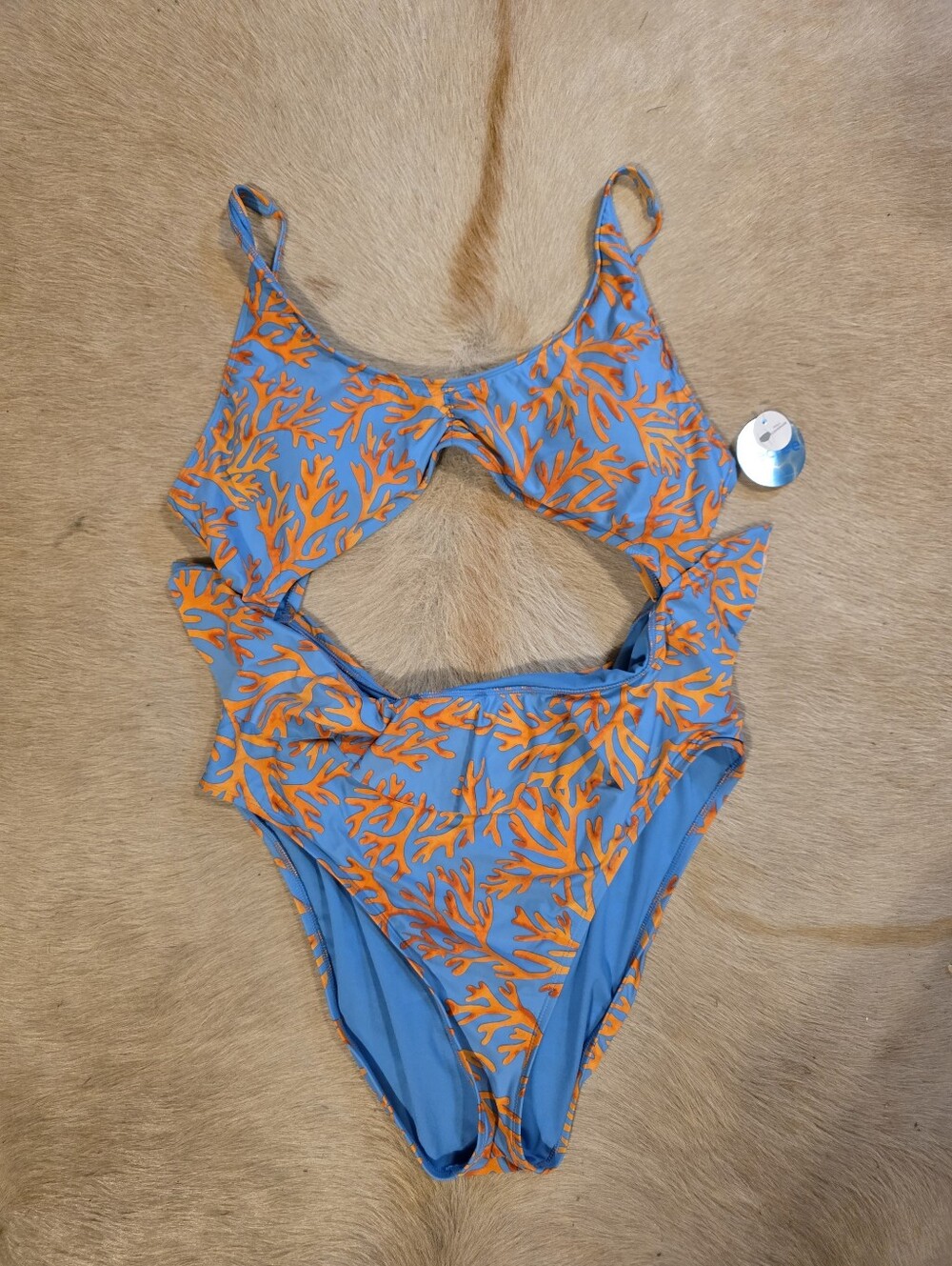 NWT Decree Blue & Orange Coral Ruffle Cutout Womens One-Piece Swimsuit Monokini